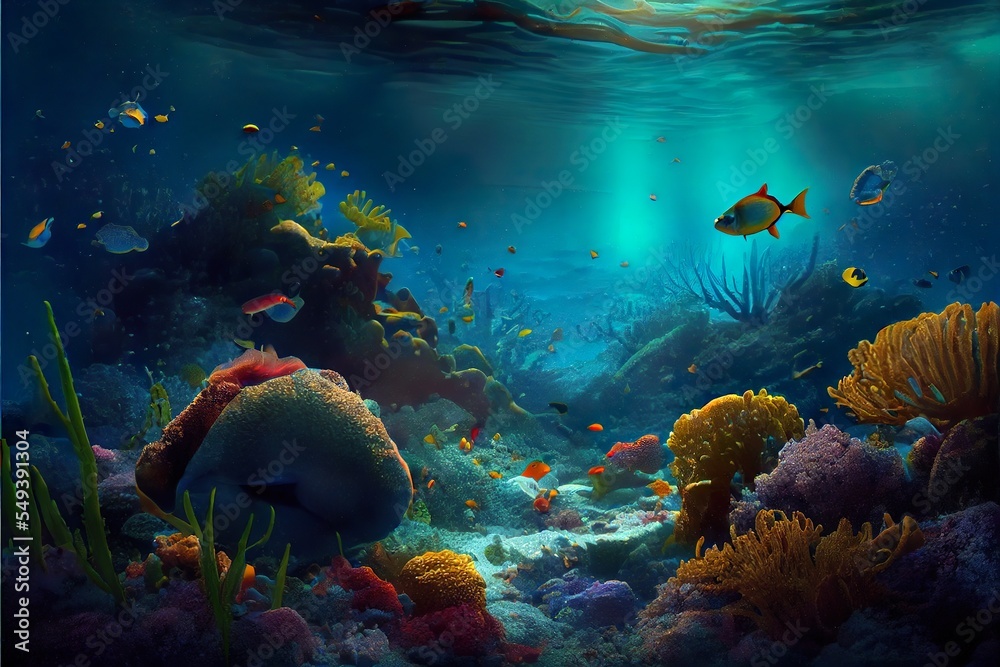 Fototapeta premium stunning landscape and underwater sea, a school of fish in the ocean, illustration with water vertebrate