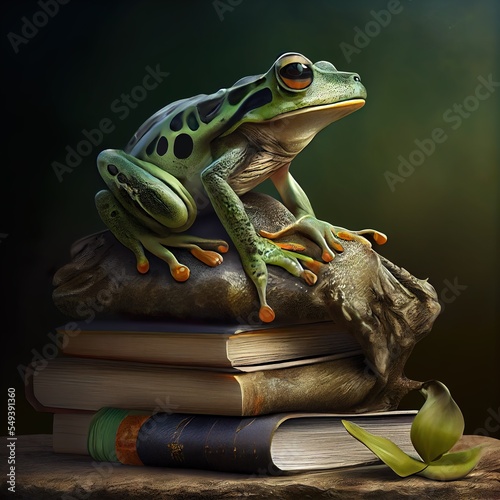 stunning illustration of green frog, a green frog on a stack of books, illustration with frog true photo