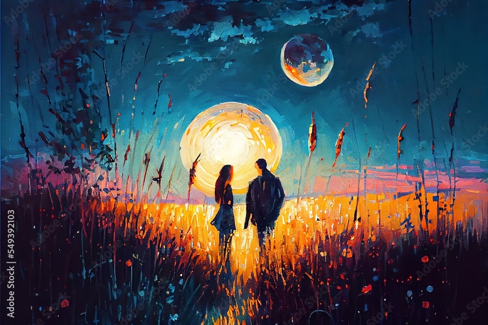 romantic oil painting lovers on, a group of people standing in a circle ...