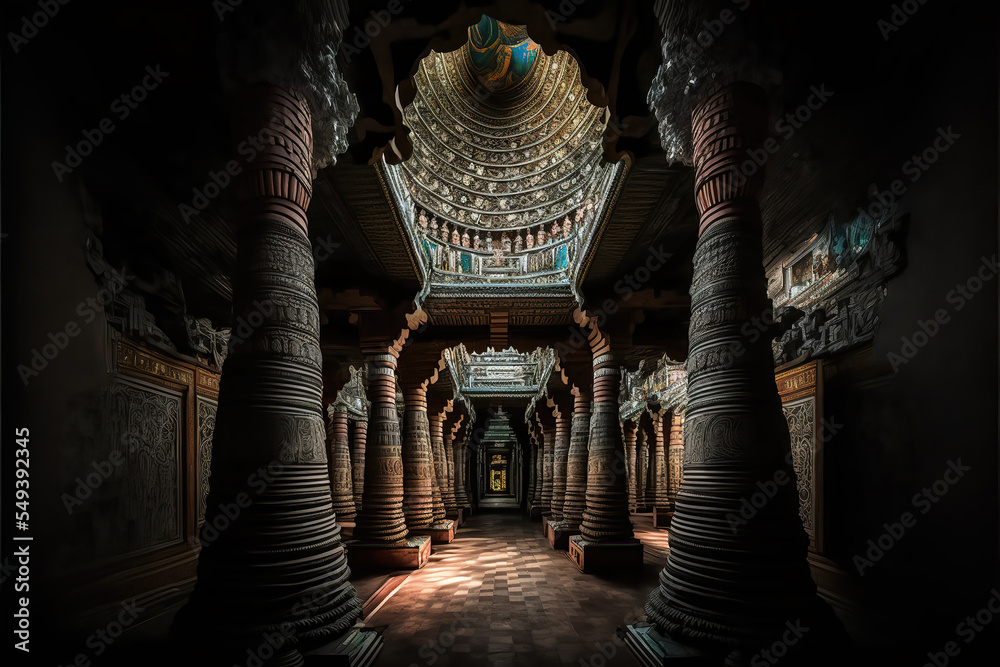 AI generated image of the lovely carvings inside the ancient Meenakshi Hindu temple in Madurai, Tamil Nadu, India	
