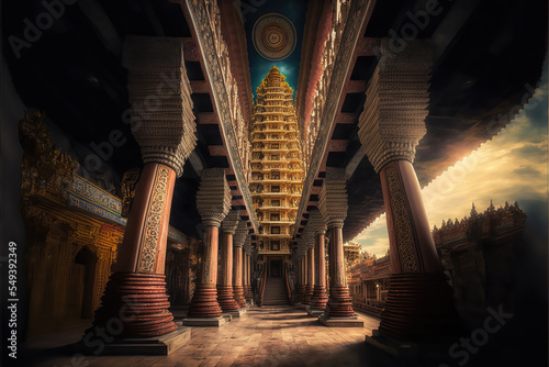 AI generated image of the lovely carvings inside the ancient Meenakshi Hindu temple in Madurai, Tamil Nadu, India	
 photo