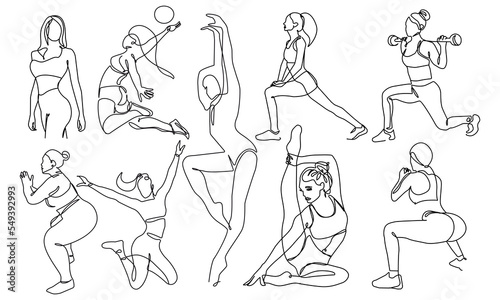 Yoga  Fitness Female Pose One Line Drawing Set. Woman Sport Pose Minimalist Drawing. Fitness Line Art Modern Minimal Drawing. Trendy Illustration Continuous Line Art. Sport Minimal Logo. Vector EPS 10