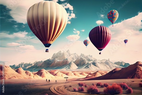 photorealistic illustration of hot air, a group of hot air balloons in the sky, illustration with sky cloud