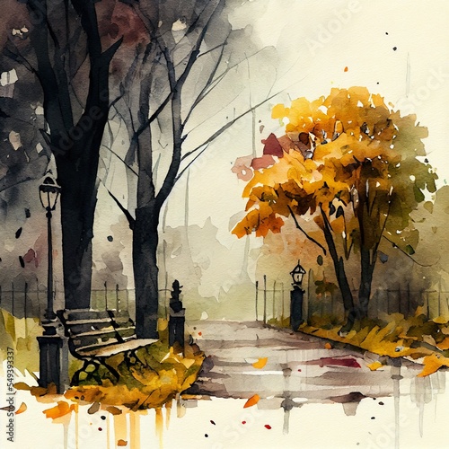 in autumn day. picture created, a painting of a street with trees and a fence, illustration with flower plant