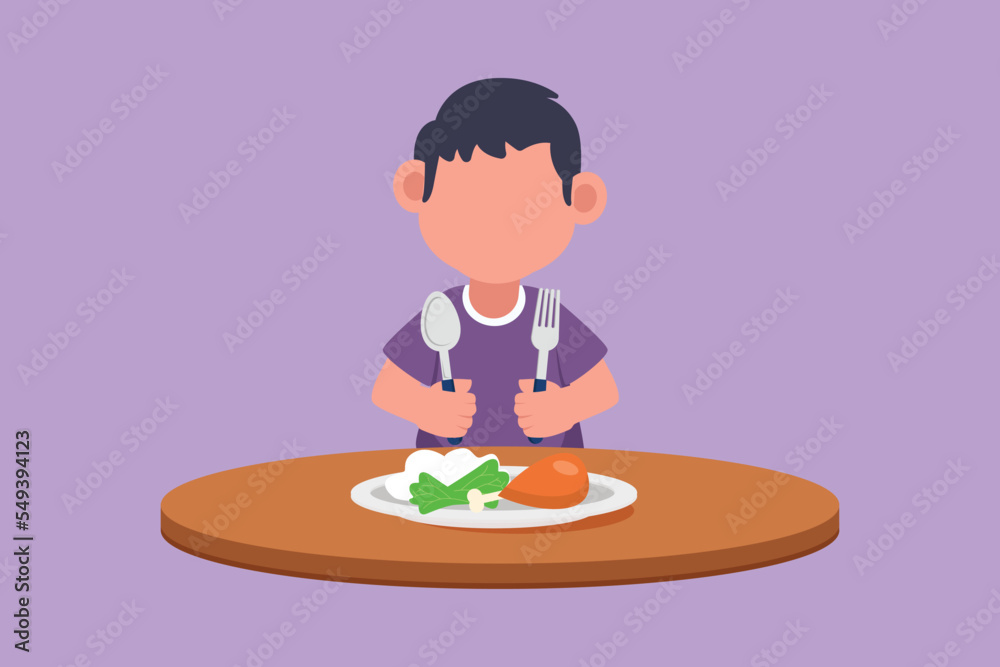 Cartoon flat style drawing of little kid eating healthy morning breakfast food. Happy child eat delicious food with fried chicken at home. School boy enjoying dish. Graphic design vector illustration Cartoon flat style drawing of little kid eating healthy morning breakfast food. Happy child eat delicious food with fried chicken at home. School boy enjoying dish. Graphic design vector illustration