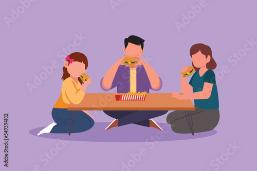 Character flat drawing happy family with child eating hamburgers while sitting at table in restaurant. Father mother and little daughter having lunch with fast food. Cartoon design vector illustration
