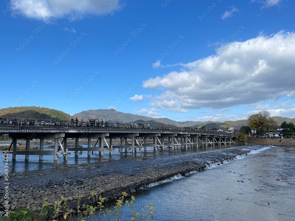 long bridge 
bridge 
kyoto 
riverside 
river 
japan 
blue 
blue sky 
sky 