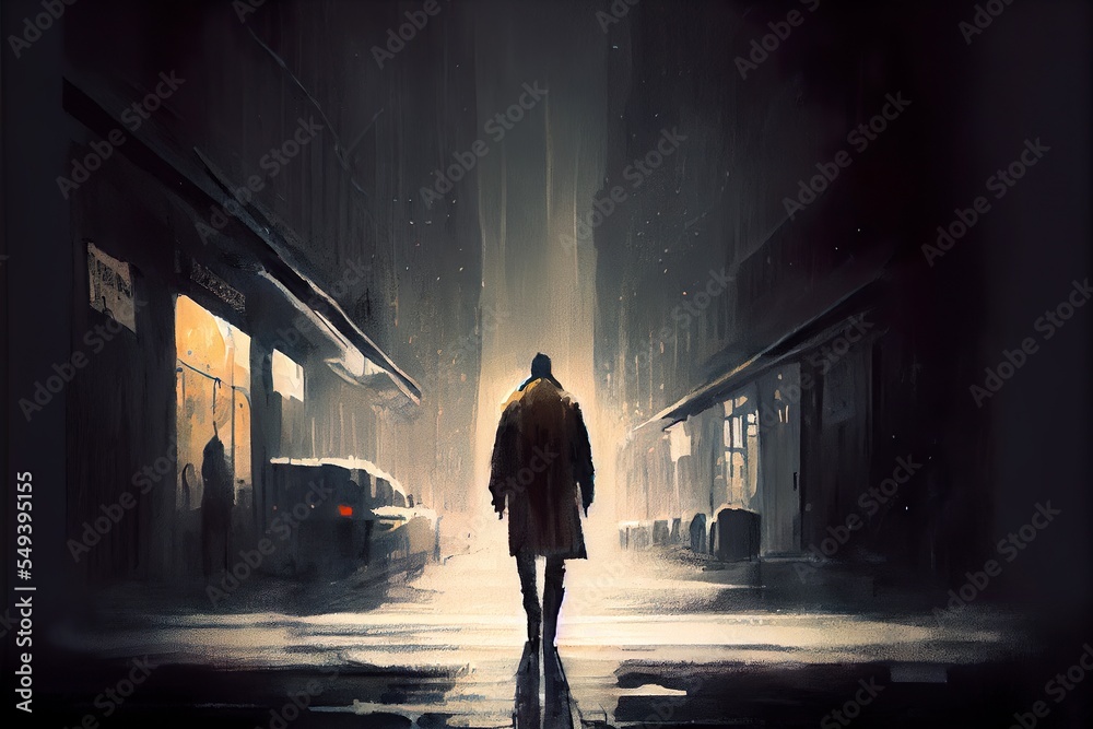 Obraz premium man walking alone in dark, a person walking in a dark alley, illustration with atmosphere automotive