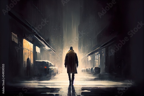 man walking alone in dark  a person walking in a dark alley  illustration with atmosphere automotive