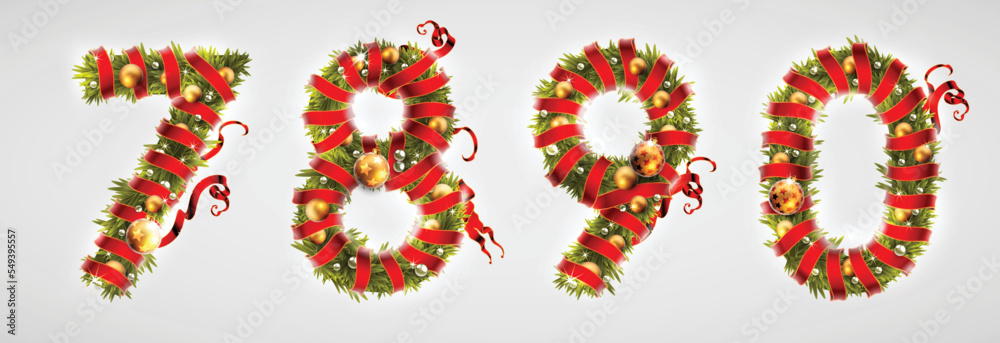 Christmas font. Four numbers  7890 from Christmas tree branches, decorated with a red ribbon and golden balls. Highly realistic illustration.