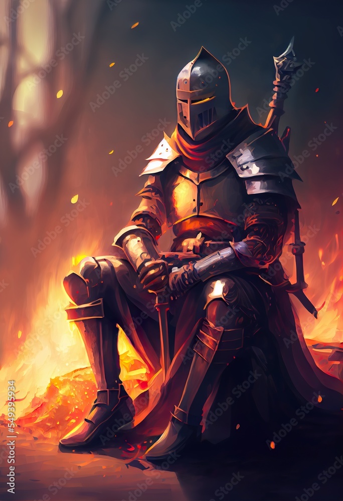 Naklejka premium with the magic sword sitting, a person in a garment, illustration with cartoon art