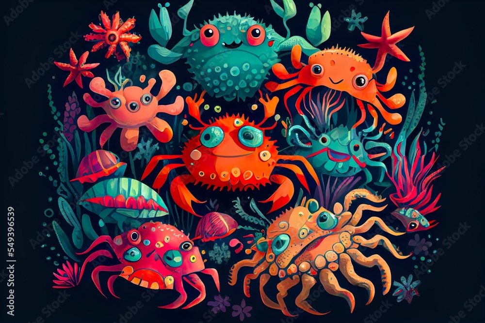 happy crabs with algae, coral, background pattern, illustration with organism font