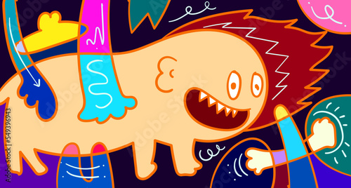 Vector colorful abstract doodle hand drawn monster and animal illustration for digital banner design 2023