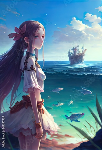 fantasy anime girl alone near, a cartoon of a girl in a white dress and a pink bow, illustration with sky water