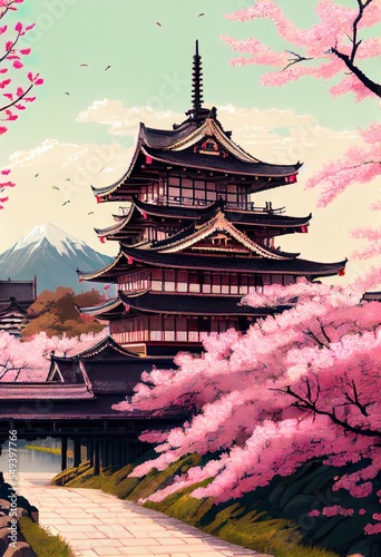 famous landmarks of in, a japanese style building with a mountain in the background, illustration with building photograph