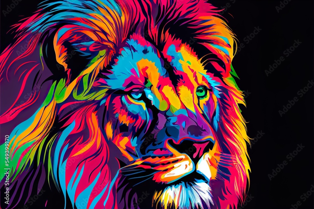 colorful lion pop art portrait, background pattern, illustration with eye felidae