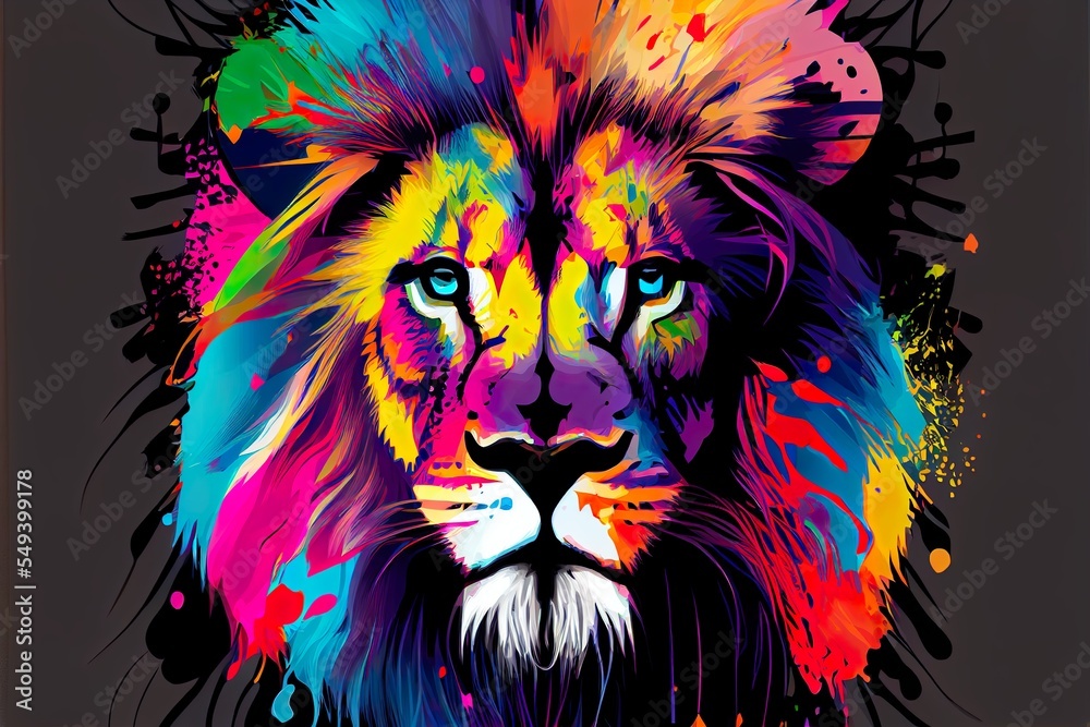colorful lion pop art portrait, a person with colorful hair, illustration with carnivore mammal