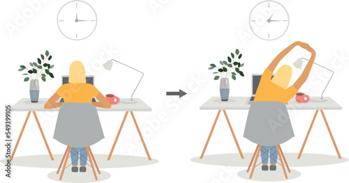 employee doing physical exercises in office. Worker health and body wellbeing, sport warming up break and stretching activity at workstation.Girl Exercising at Workplace while Work 