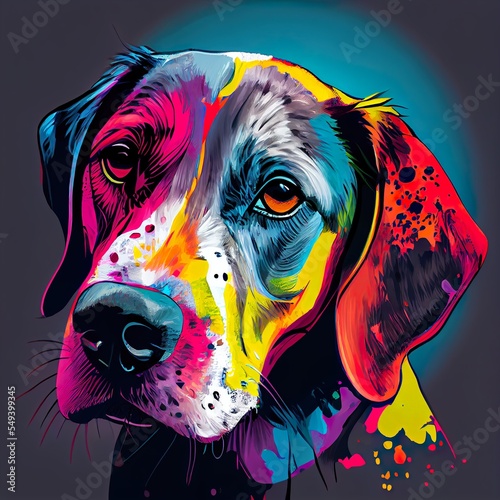 Print op canvas colorful dog pop art portrait, a dog with colorful paint on its face, illustrati