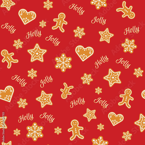 Christmas seamless pattern. Festive background with gingerbread cookies - men, stars and hearts on red. Vector illustration. For textile, wrapping paper, wallpaper, stationary, Christmas card.