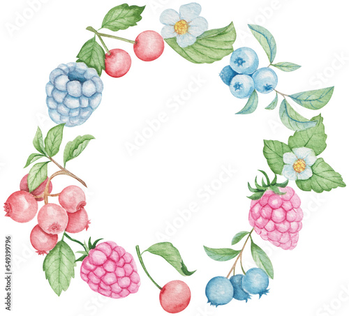 Fototapeta Naklejka Na Ścianę i Meble -  Berries wreath frame hand drawn watercolor clipart