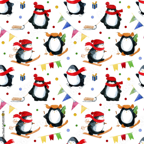 Cute little penguins are sledding and skiing and getting ready for Christmas. Watercolor seamless pattern on a white background