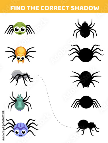 Spiders. Find the correct shadow. Halloween. Shadow matching game. Cartoon, vector © Aleksandra