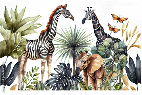 beautiful tropical horizontal seamless pattern  a group of animals  illustration with plant community