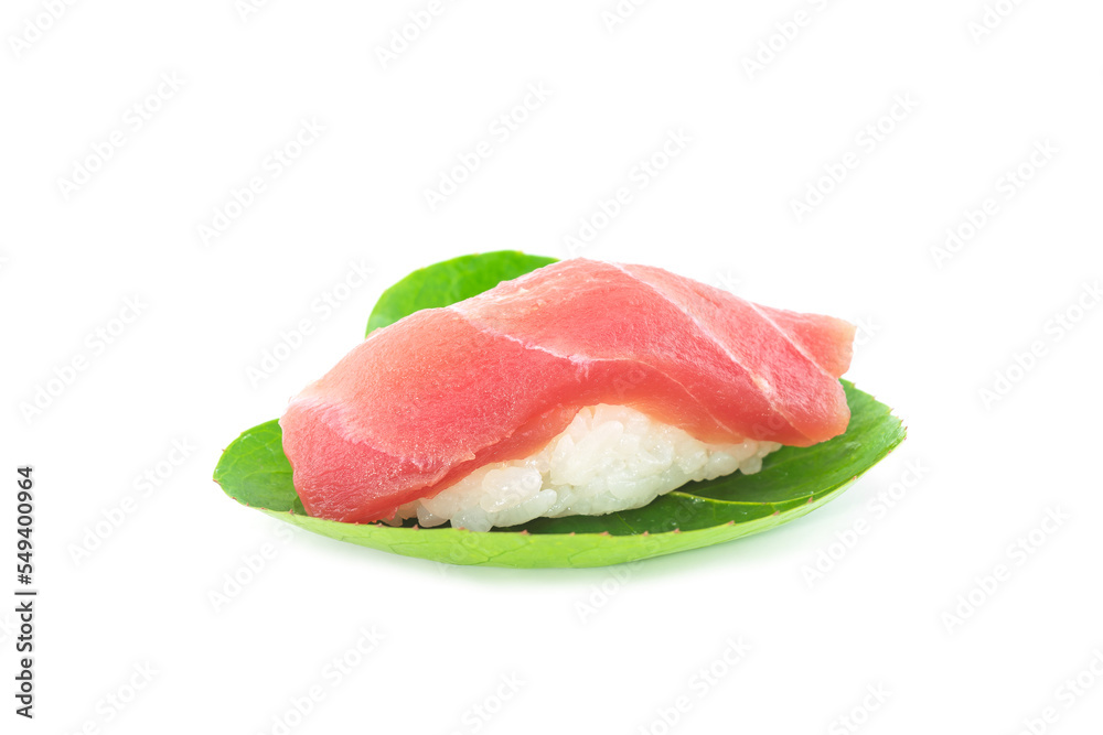 Salmon sushi on green leave isolated on white background. Salmon sushi on green leave isolated on white background.