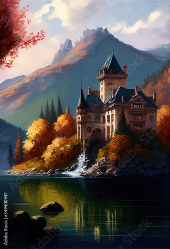 autumn painting, a castle on a hill by a lake, illustration with water sky