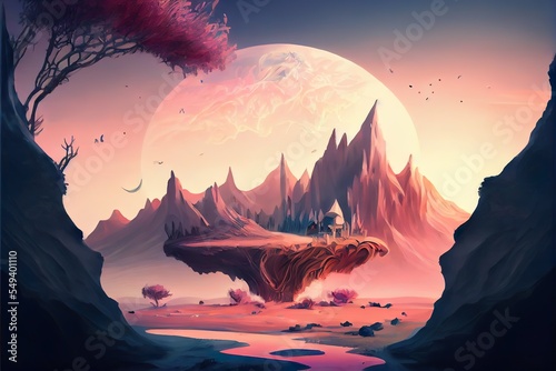 artistic concept painting of a  a mountain with a sunset  illustration with sky atmosphere