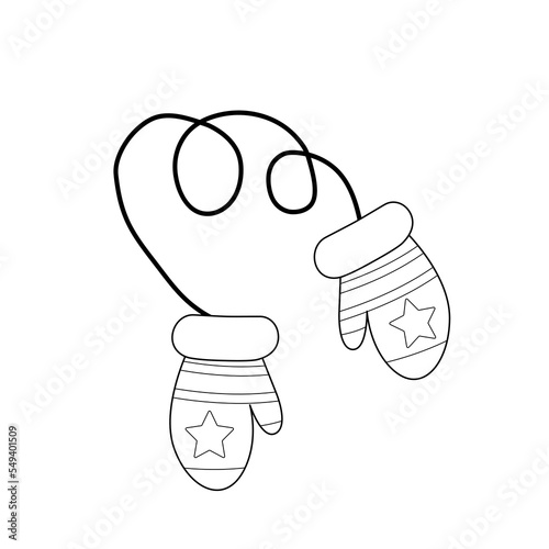 Pair of mittens with stars coloring page. Black and white mittens. Vector