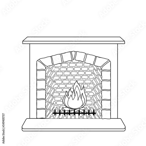 Fireplace coloring page. Black and white burning fireplace. Vector