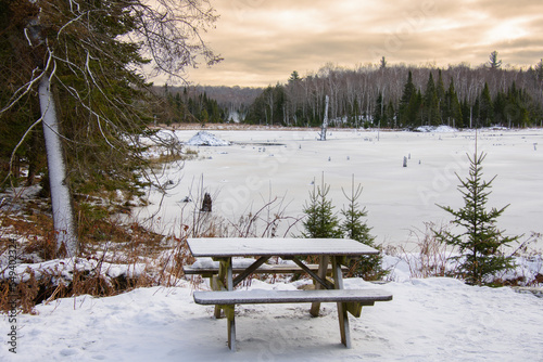 Lake in the Canadian forest after the first snows of November. Province of Quebec