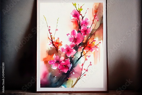 abstract painting watercolor original of, a branch with pink flowers, illustration with flower petal