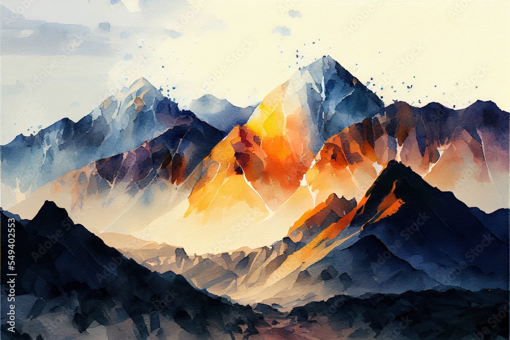 abstract mountain ranges in morning, a mountain range with snow, illustration with mountain sky - obrazy, fototapety, plakaty 