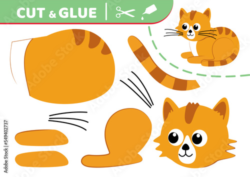 Red striped cat. Cut and glue. Application work. Paper game. Vector