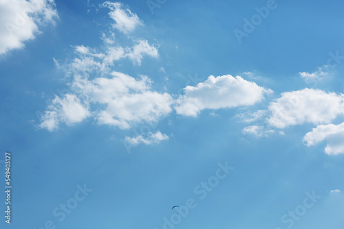Blue Paraglider flying into the sky with clouds on a sunny day © lightscience