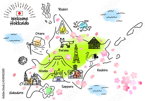 春の北海道の観光地のシンプル線画イラストマップ（緑）