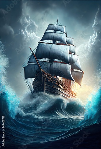 Obraz na płótnie a fantasy sailing ship sail, a ship in the water, illustration with boat water