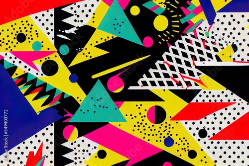 a bright colourful 1980 's, a close up of a puzzle, illustration with black triangle