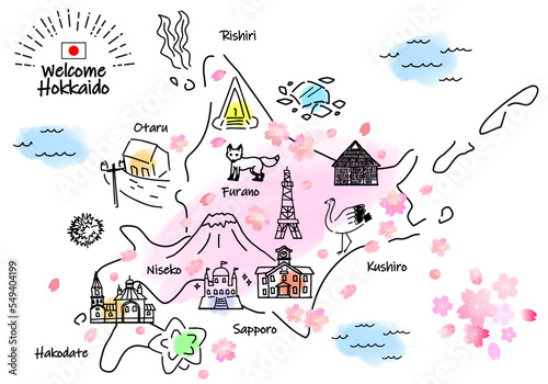 春の北海道の観光地のシンプル線画イラストマップ（ピンク）
