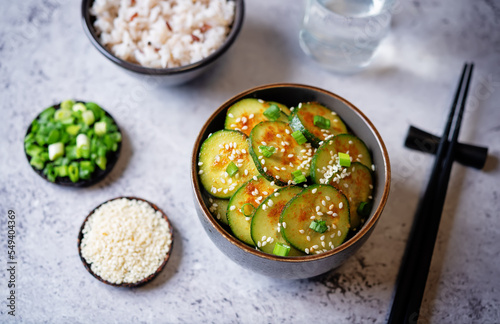 Spicy soy sauce cucumber salad in a bowl