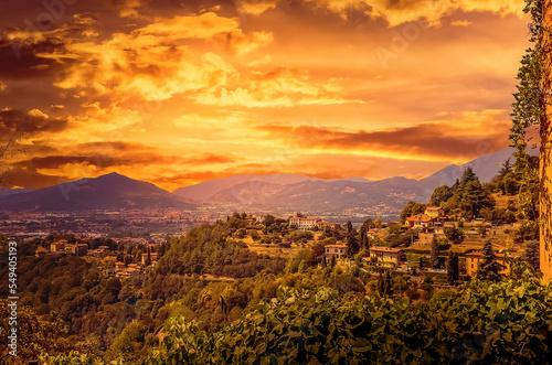 Sunset over the hills surrounding Bergamo in Lombardy, Italy. 