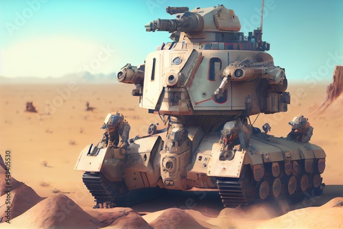 3d robot turret with rangers  a military tank driving through a desert  illustration with vehicle combat