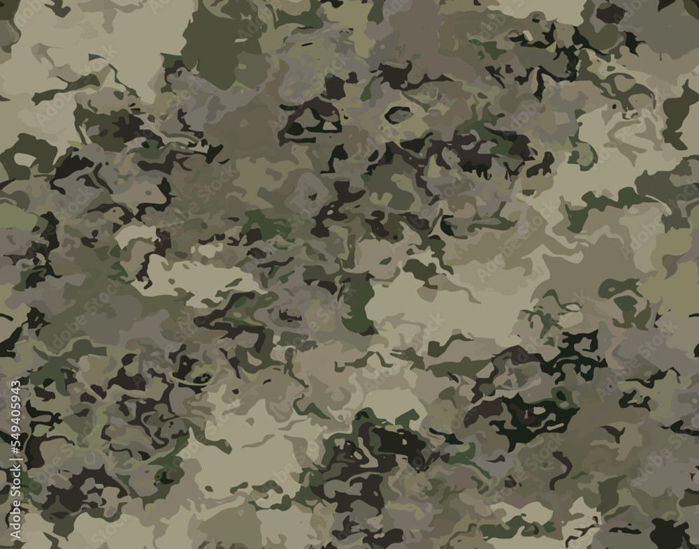 Full seamless watercolor camouflage texture print pattern. Usable for Jacket Pants Shirt and Shorts. Army textile fabric. Unique tie dye military camo. Vector illustration.
