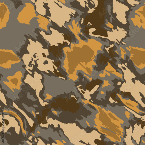 Full seamless watercolor camouflage texture print pattern. Usable for Jacket Pants Shirt and Shorts. Army textile fabric. Unique tie dye military camo. Vector illustration.