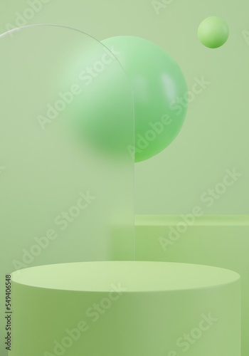 Green product display podium frost glass and balls for cosmetic presentation 3D rendering illustration
