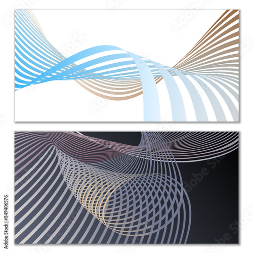Wavy lines or ribbons. Set. Multicolored striped gradient. Creative unusual background with abstract gradient wave lines for creating trendy banner, poster. Vector eps