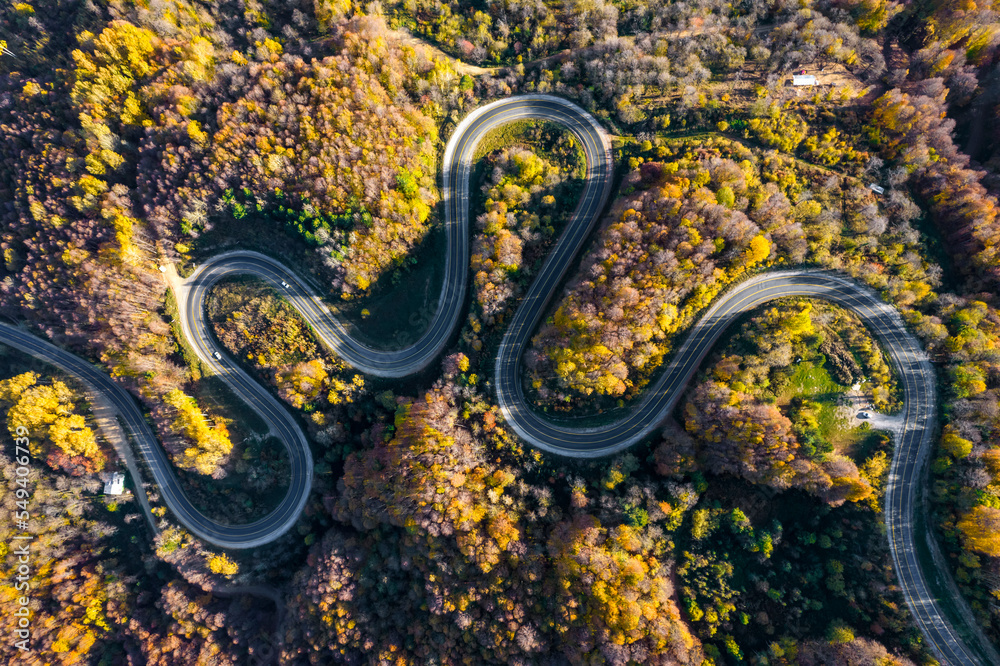 Winding road through the forest. Beautiful autumn landscape with winding road. Aerial drone shot.